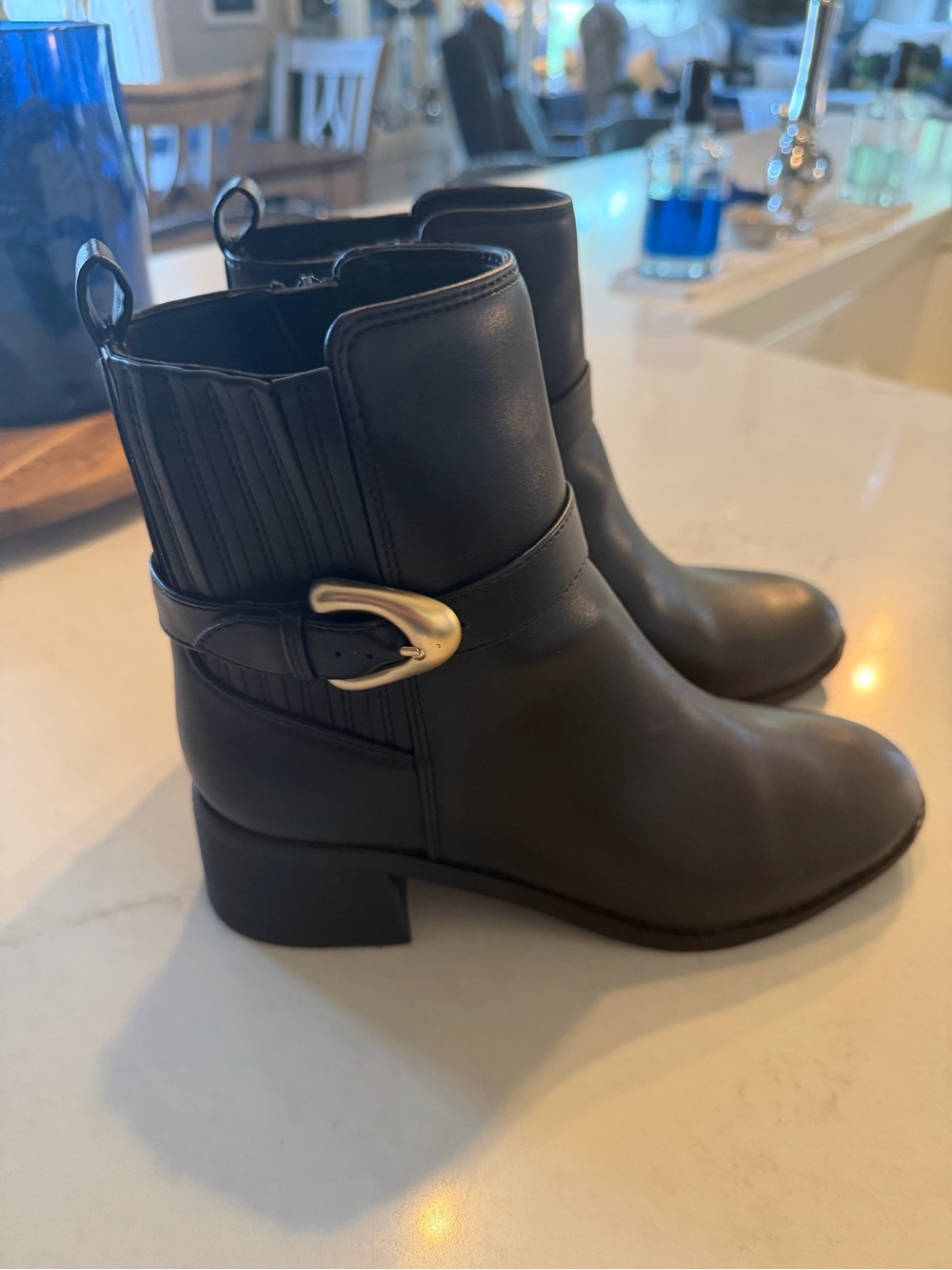 DV by Dolce Vita Black Leather Ankle Booties with Gold Buckle-Brand New -No Box
